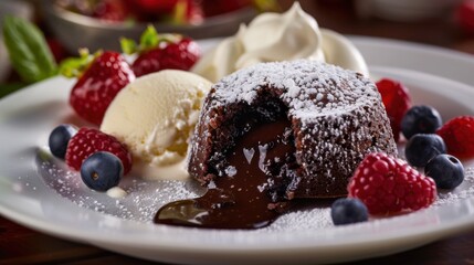 A decadent slice of molten lava chocolate cake with a gooey chocolate center, served warm with a scoop of vanilla ice cream and a dusting of powdered sugar