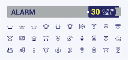 Set of Alarm line icons. Contains such icons as fire alarm, bell, alarm clock, risk, ring, warn, timer, attention. Modern thin icons. Vector illustration in modern line style.