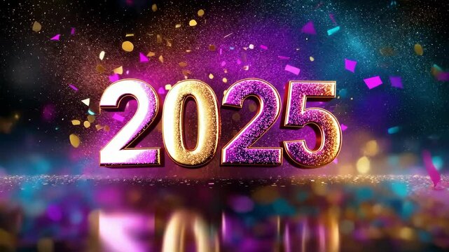 Vibrant 2025 celebration with glittering confetti and neon lights