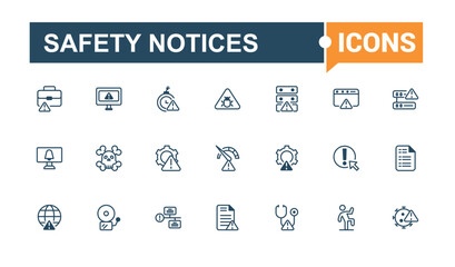 Safety Notices icons in linear style. Featuring warning, attention, risk, information, caution and more. Modern thin icons. Solid line editable stroke.