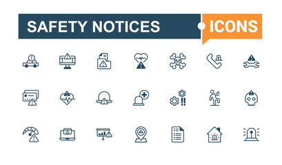 Safety Notices icons in linear style. Featuring warning, attention, risk, information, caution and more. Modern thin icons. Solid line editable stroke.