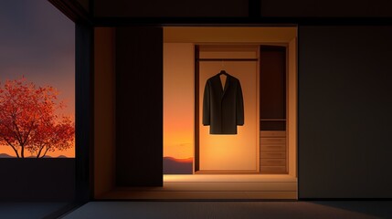 Fototapeta premium Envision a small empty closet with sliding doors, a single rod for hanging clothes, and open storage bins below