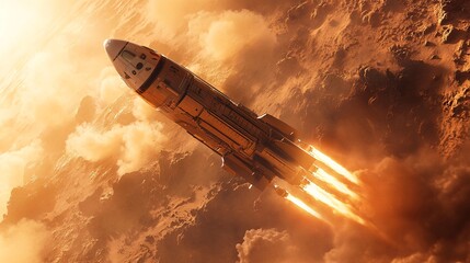 Obraz premium A rocket ascends through clouds of smoke and dust, propelled by powerful engines, symbolizing exploration and the quest for space travel.