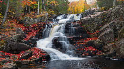 A striking waterfall flowing through an autumn forest with vibrant red and orange leaves covering the rocks, creating a beautiful contrast