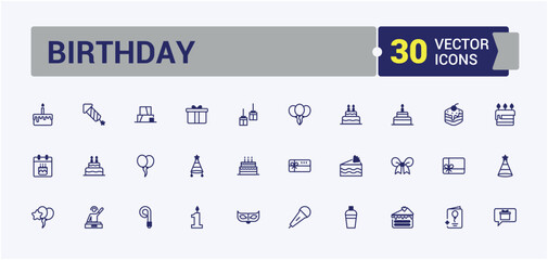 Birthday thin line icon set. Related to celebrate, holiday, confetti, wine, blowing, entertainment, anniversary and more. Thin linear style icons. Solid line editable stroke.