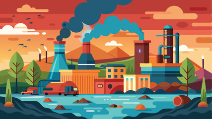 Pollution Background in Vector Style – Minimalistic and Modern Illustration Highlighting Environmental Issues with Smoke, Waste, and Contaminated Water for Awareness Campaigns or Educational Content