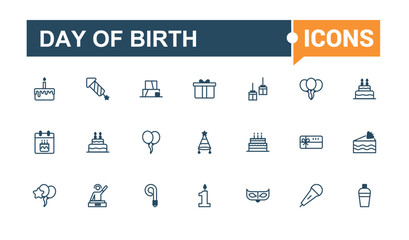 Day of Birth icon pack. Featuring cocktail, anniversary, wine, balloon, event, fun, gift, food. Simple line vector. Editable vector outline and solid icons.