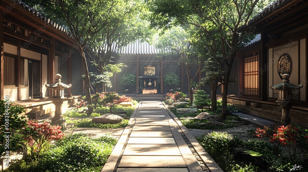 Aufkleber a serene courtyard surrounded by lush greenery and traditional architecture, illuminated by soft sun
