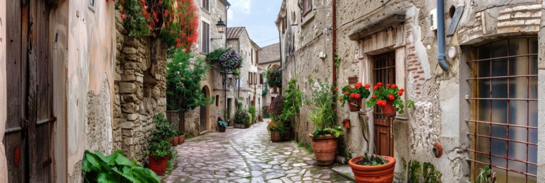 Italian Streets. Traditional Medieval Villages of Italy - Picturesque Floral Streets in Casperia, Rieti Province