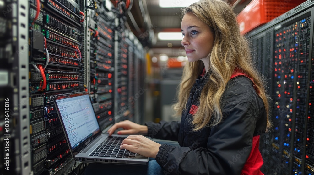 Poster woman working on a laptop in a server room while sitting on a stool, engaged in computer tasks