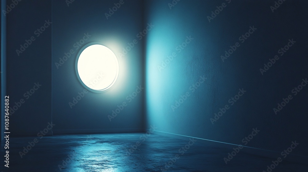 Poster a dimly lit room with a circular window casting soft light onto the floor, creating a serene and min