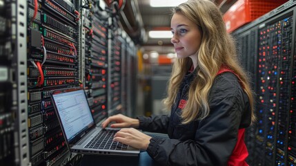 Woman working on a laptop in a server room while sitting on a stool, engaged in computer tasks