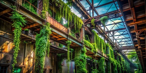 Abandoned building, lush hanging plants, urban jungle.