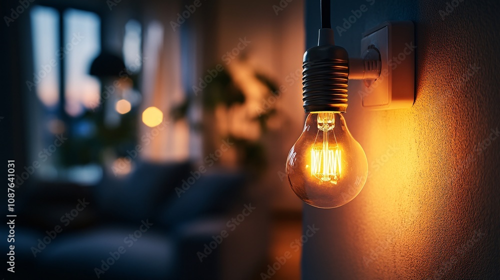 Poster a warm, illuminated light bulb hangs in a cozy room, casting a gentle glow and creating a relaxing a