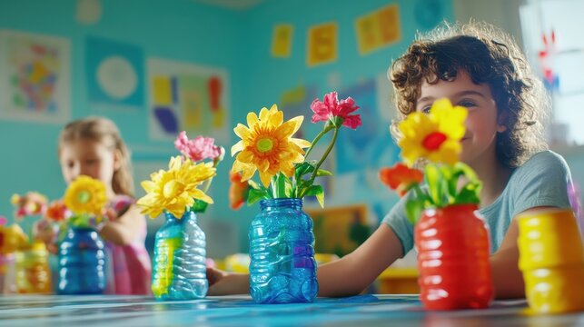 Kids paint colorful flower pots from recycled materials, exploring creativity and recycling