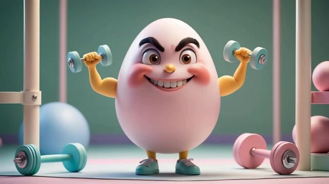 cute cartoon happy egg showing arm muscles, dumbbells
