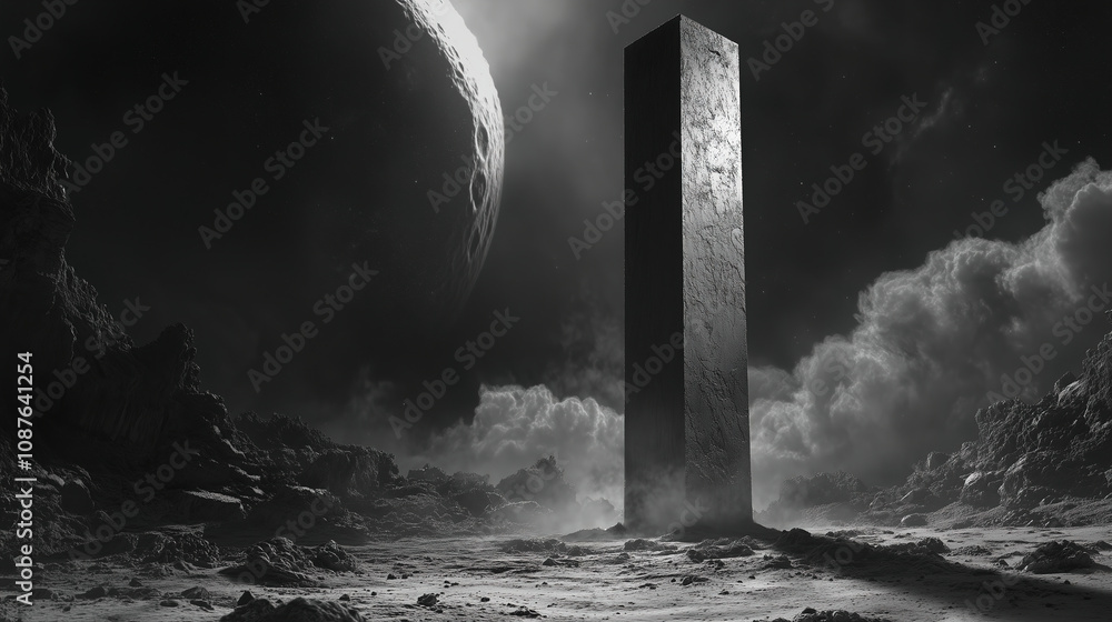 Wall mural mysterious monolith standing alone on a desolate alien landscape under a large celestial body in a m