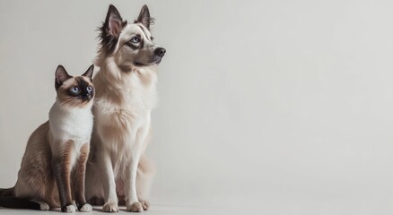 A dog and a cat sitting side by side against a neutral background.