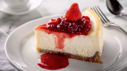 A decadent slice of New York cheesecake with a strawberry glaze, served on a white plate