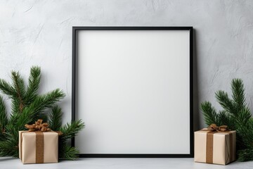 Frame mockup. Wall poster mockup. Fir branches and holidays boxes on the sides. Copy space