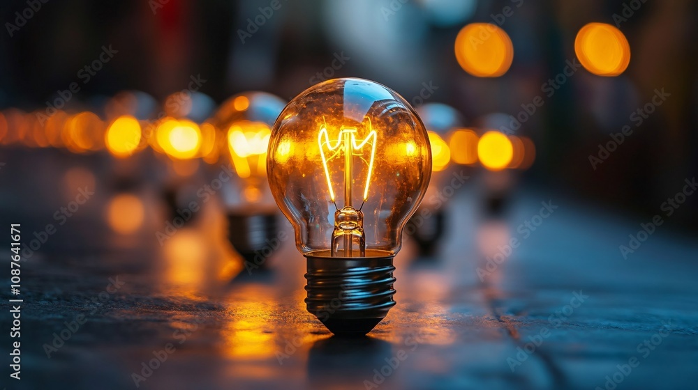 Poster a glowing vintage light bulb stands out among a row of softly illuminated lights, creating a warm an