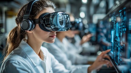 A woman in a lab coat uses virtual reality technology, wearing a VR headset and headphones, engaged with digital screens in a modern research environment.
