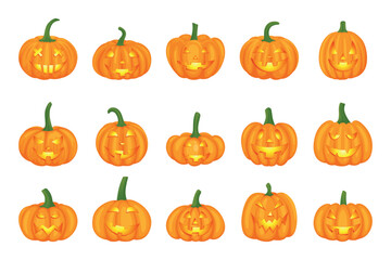 Flat Color Cartoon Vector Halloween Pumpkins with Carved Faces Collection. Jack-O'-Lanterns Set for Halloween Decor. Detailed Pumpkin Illustrations for Festive Design, Icons, Templates