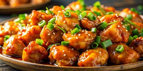 Asian Orange Chicken Long Exposure, Green Onions, Delicious Dish, Food Photography, Vibrant Colors