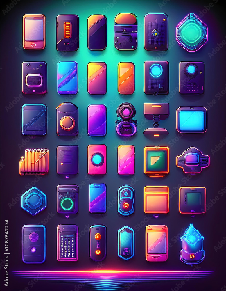 Poster a set of colorful, futuristic, sci-fi ui elements and buttons