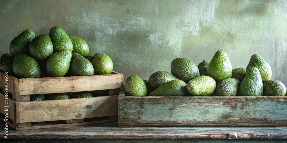 Poster a rustic display of fresh avocados in wooden crates against a textured background.