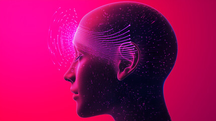 A minimalistic silhouette of an ear with holographic sound waves radiating, on a bright pink background