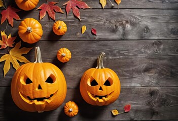 A fall-themed arrangement of pumpkins, leaves, and a carved pumpkin with a candle inside