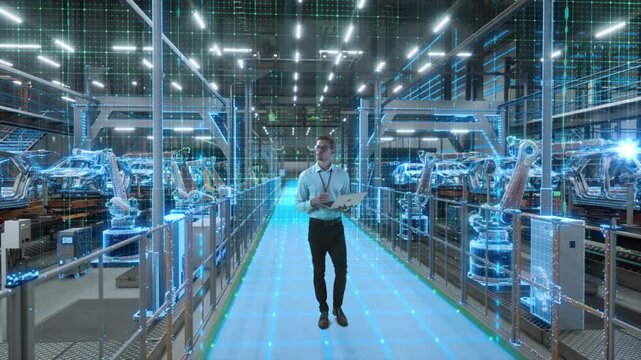 Engineer With Laptop Activates Autonomous EV Factory Digitization. Visualization Shows Robotic Arms, Assembly Line, Digital Twin Lines of Data, Computer Vision Transformation Manufacturing Technology