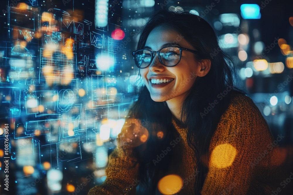 Poster a woman smiling while interacting with digital data in a vibrant, urban environment.