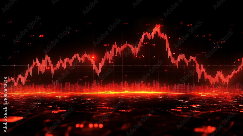 Poster a dynamic red graph displays fluctuations, symbolizing data trends and market movements against a da