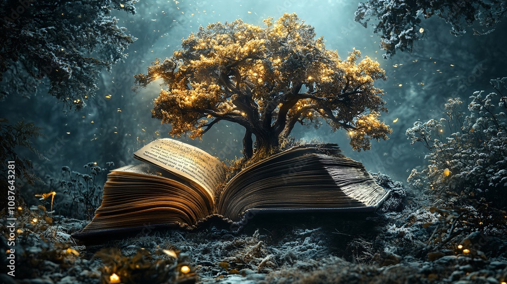 Poster a mystical scene featuring a glowing tree emerging from an open book, surrounded by enchanting folia