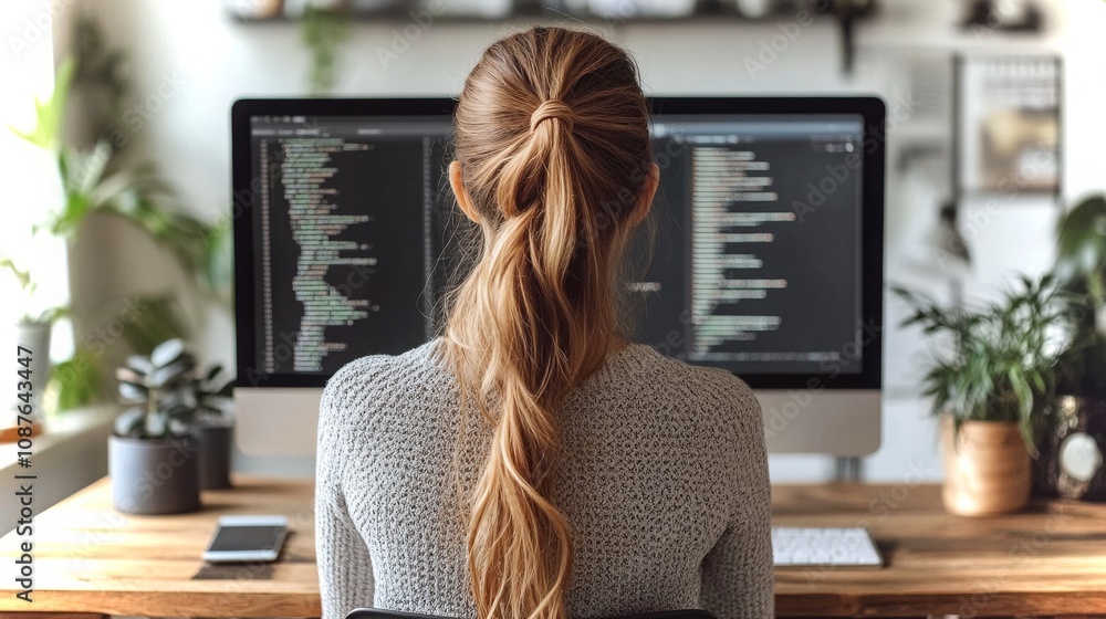 Poster woman working on programming code at a computer desk surrounded by plants in a modern workspace