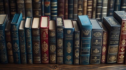 Naklejka premium A collection of vintage leather-bound books with ornate spines, arranged neatly on a wooden shelf, showcasing classic literature and timeless elegance.