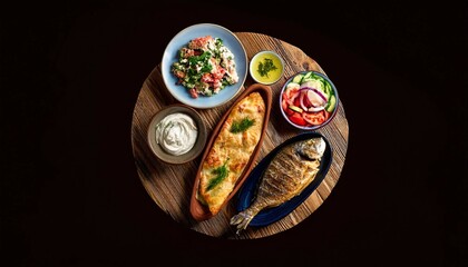 Fototapeta premium Selection of traditional greek food - salad, meze, pie, fish, tzatziki, dolma on wood background