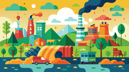 Obraz premium Pollution Background in Vector Style – Minimalistic and Modern Illustration Highlighting Environmental Issues with Smoke, Waste, and Contaminated Water for Awareness Campaigns or Educational Content