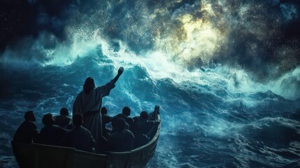 Jesus calming the storm, raising His hand to the turbulent sea while His disciples watch in awe from the boat