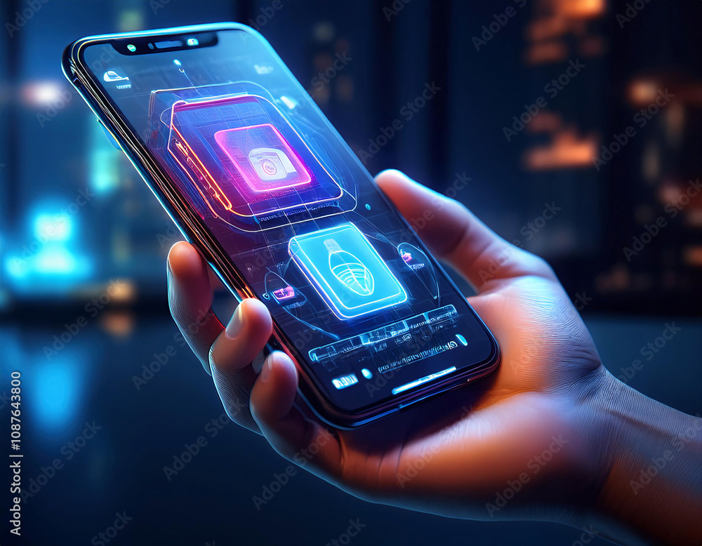 Poster a hand holds a smartphone displaying a futuristic home automation interface with glowing icons