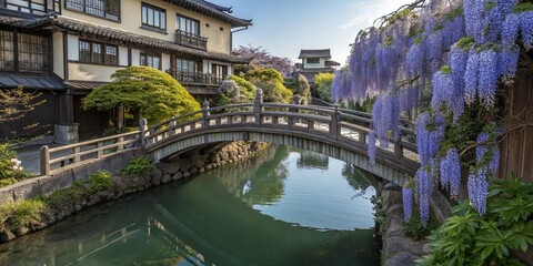 Drone's eye view of a Japanese bridge, blue vines, and aerial perspective.