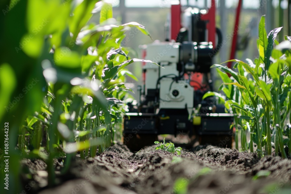 Aufkleber Advanced robotic machines are seen working methodically on a farm, planting crops in well-prepared rows. Generative AI
