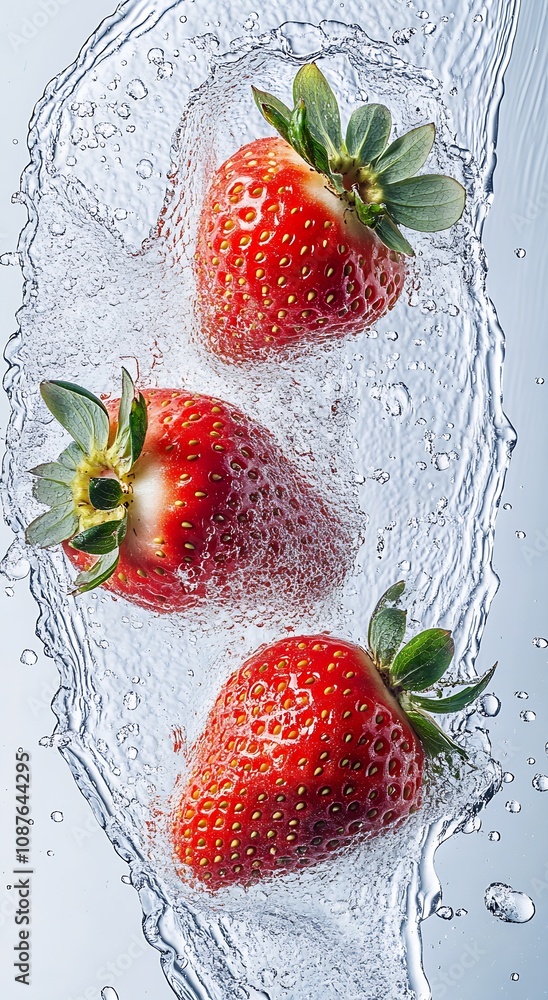 Poster three fresh strawberries splashing through clear refreshing water : generative ai