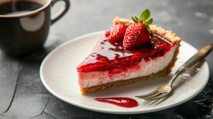 A decadent slice of strawberry cheesecake with a graham cracker crust and a layer of strawberry compote, served on a white plate