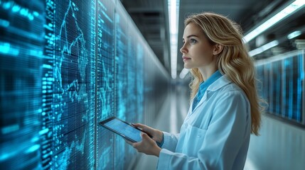 A female technician monitors server performance with a tablet in a data center
