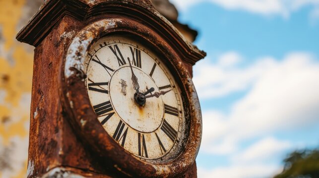 This vintage clock features worn Roman numerals and metal hands on a clear sky backdrop