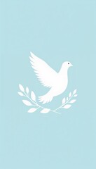 Obraz premium Minimalist white dove with olive branch on a soft blue background
