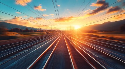 Obraz premium A captivating sunset view over railway tracks, showcasing vibrant colors and dramatic clouds against a serene landscape.